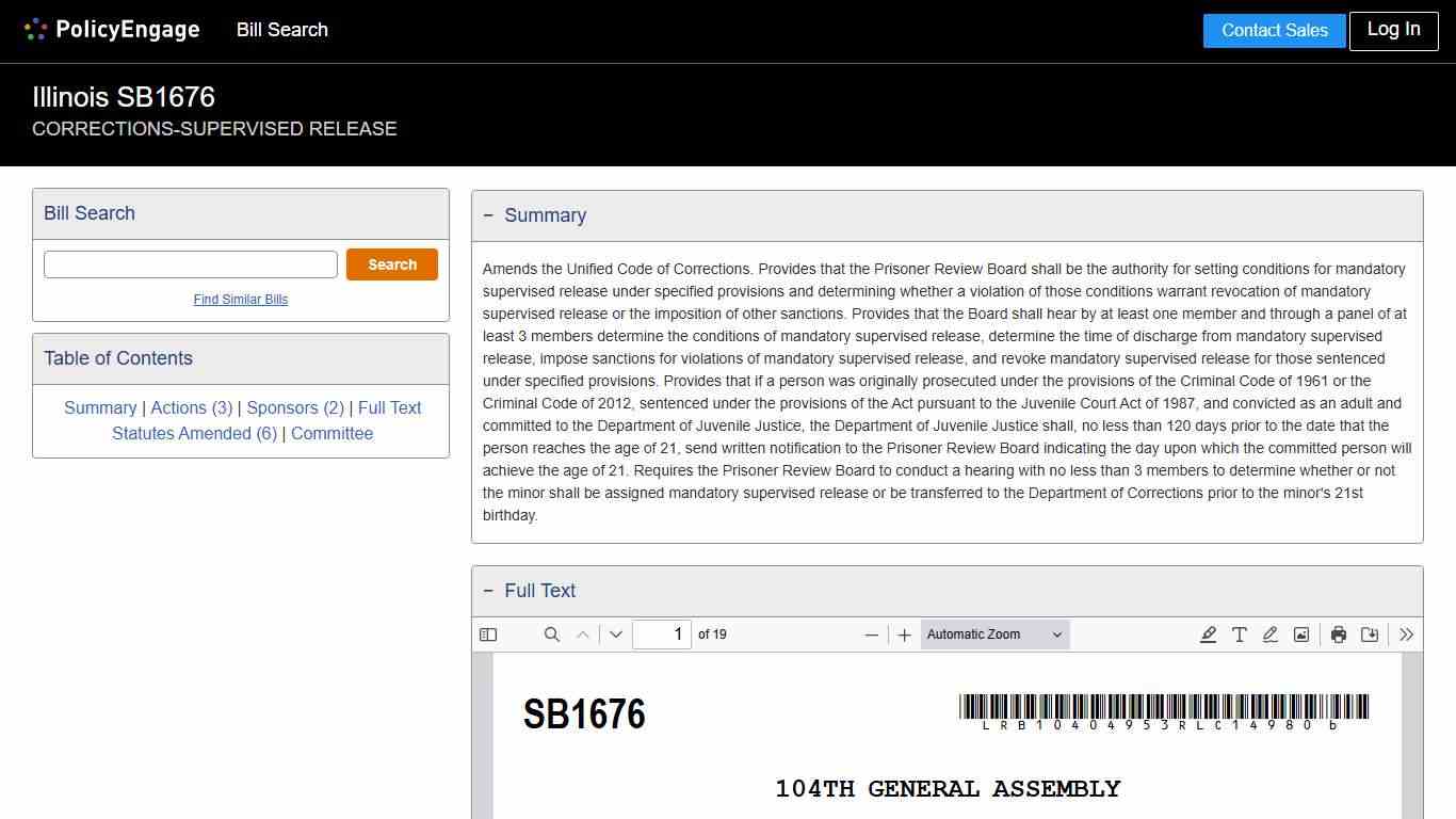 SB1676 | Illinois 2025-2026 | CORRECTIONS-SUPERVISED RELEASE - Legislative Tracking | PolicyEngage